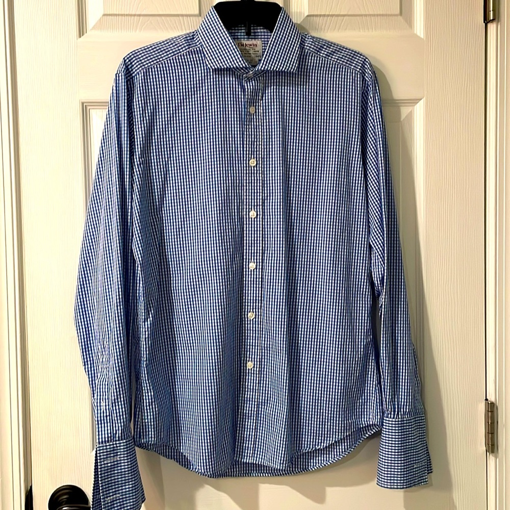 T. M. Lewin Luxury Slim Fit Dress Shirt Men's 15.5 - 34.5 Blue Plaid French Cuff